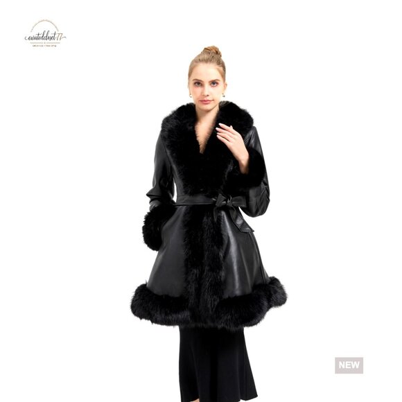 Faux Leather Peplum Parka Coat with Faux Fur Collar Slim Fit Winter Chic